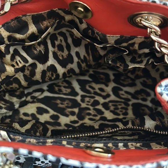 🎈FINAL PRICE🎈JUST CAVALLI Black & White Spotted Leather Bag with Black Fringe - Picture 13 of 14